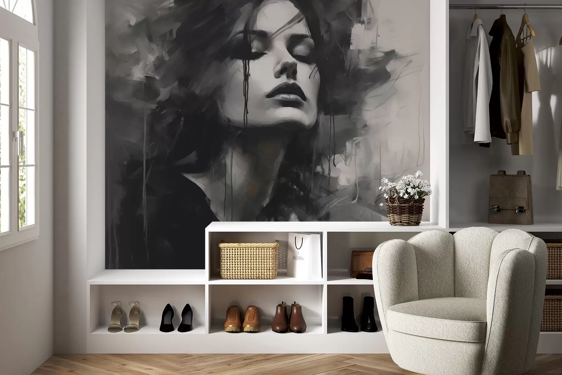 murais de parede Retrato de uma mulher vestindo roupas cinza e pretas w04049