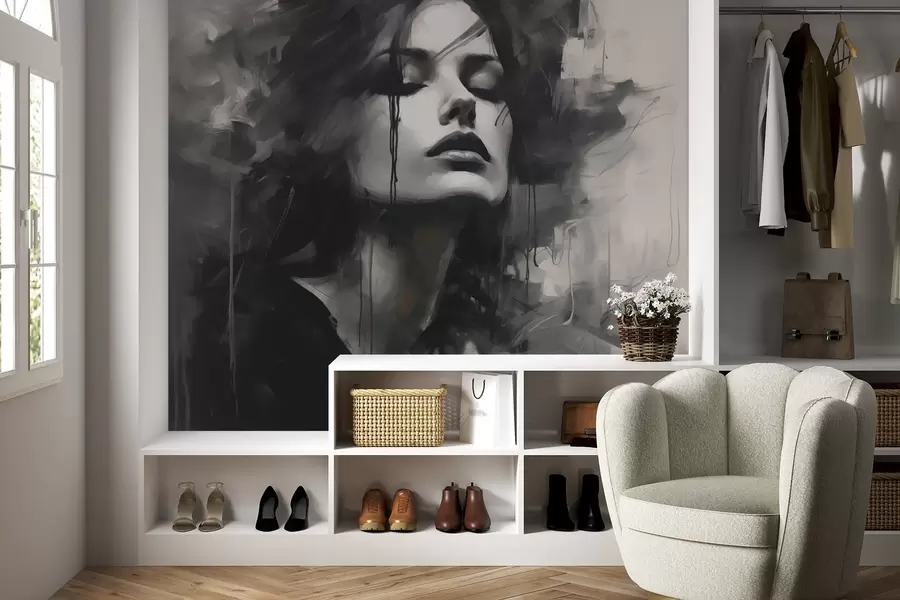 murais de parede Retrato de uma mulher vestindo roupas cinza e pretas w04049