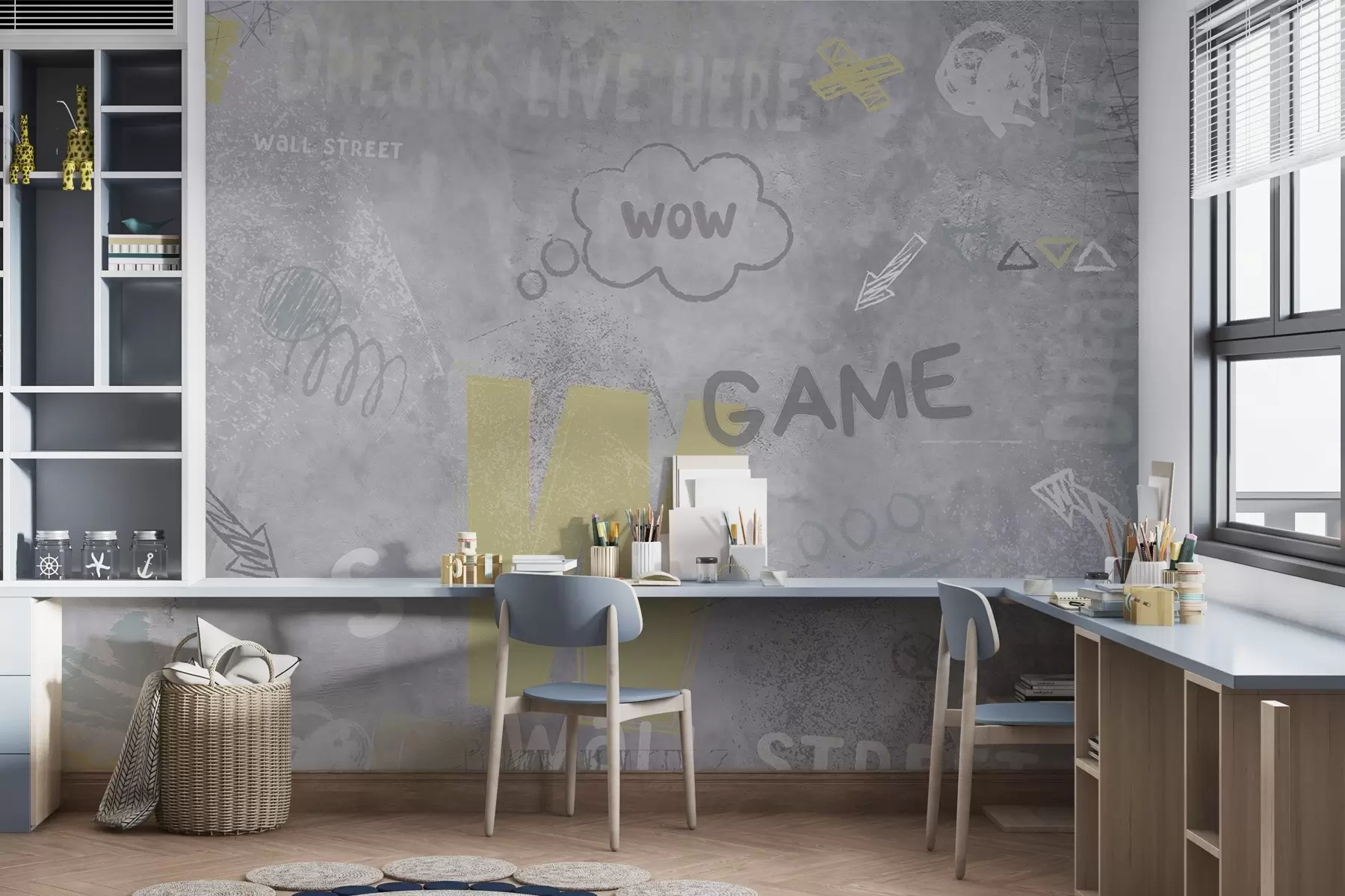 murais de parede Desenho no estilo street art com inscrições em amarelo no fundo de um muro de concreto w04056