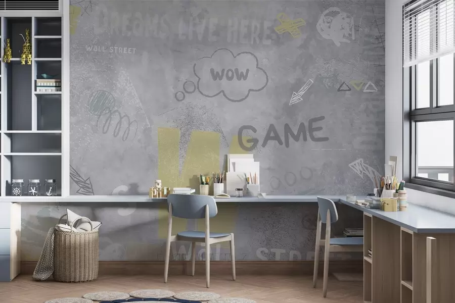 murais de parede Desenho no estilo street art com inscrições em amarelo no fundo de um muro de concreto w04056