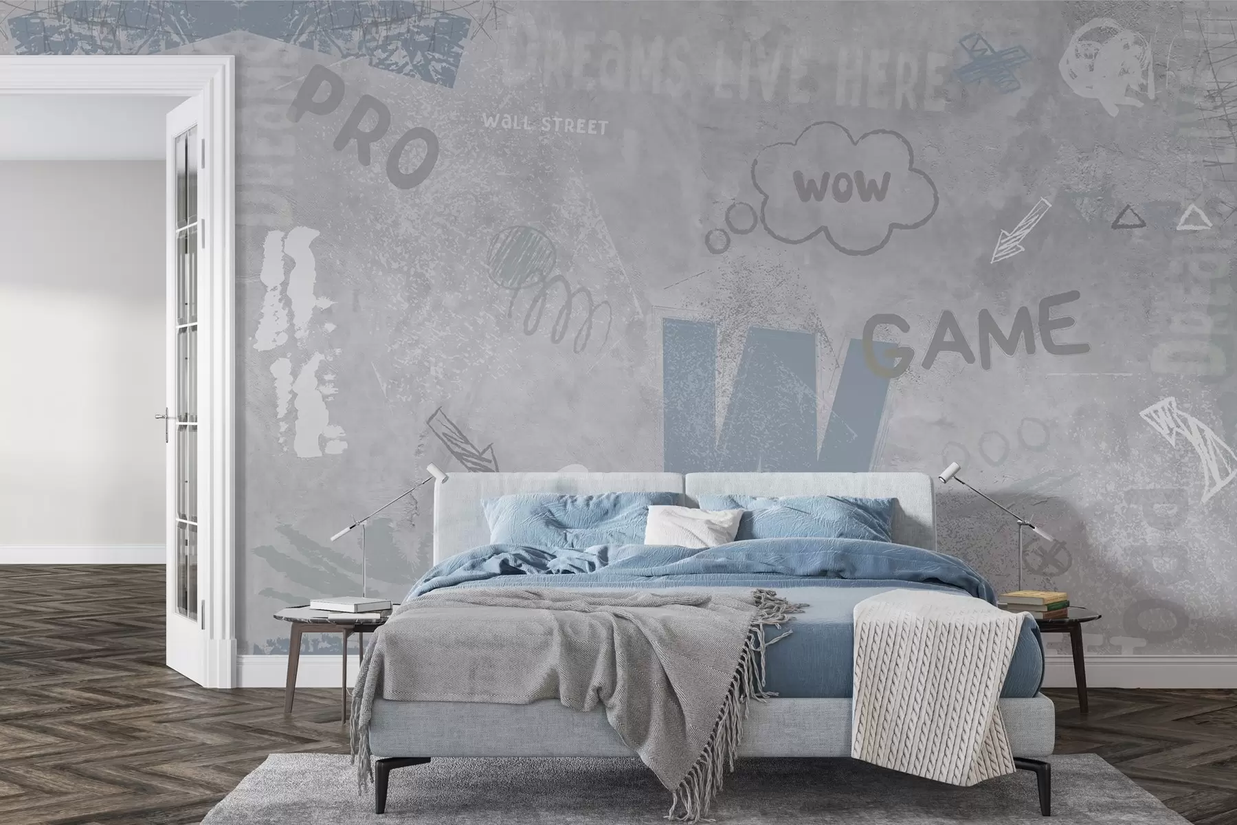 murais de parede Design em estilo de arte de rua com inscrições em azul no fundo de uma parede de concreto w04056v1