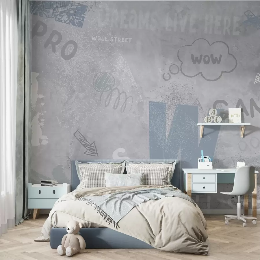 murais de parede Design em estilo de arte de rua com inscrições em azul no fundo de uma parede de concreto w04056v1