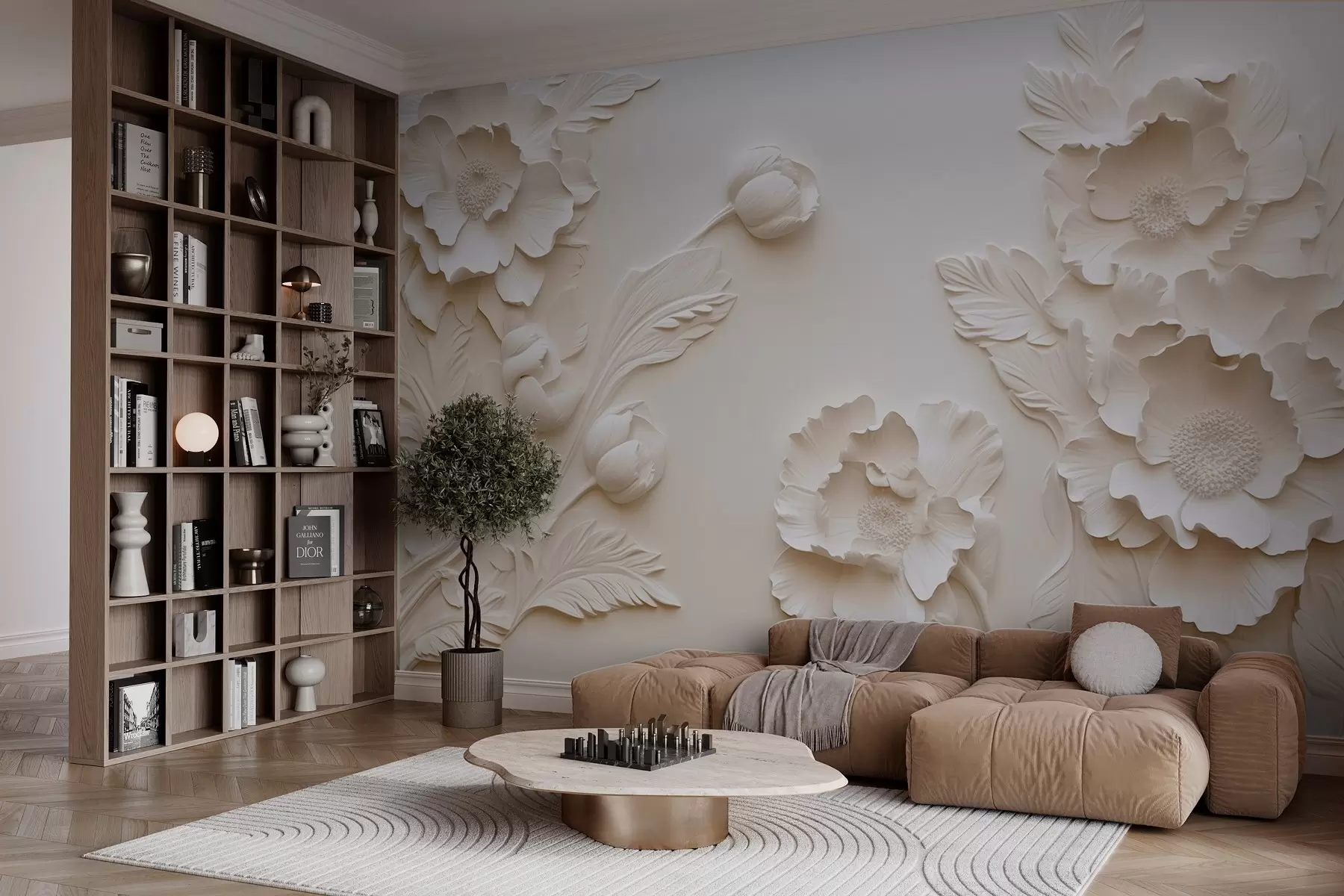 murais de parede Flores em estilo baixo-relevo em cores pastéis w04060