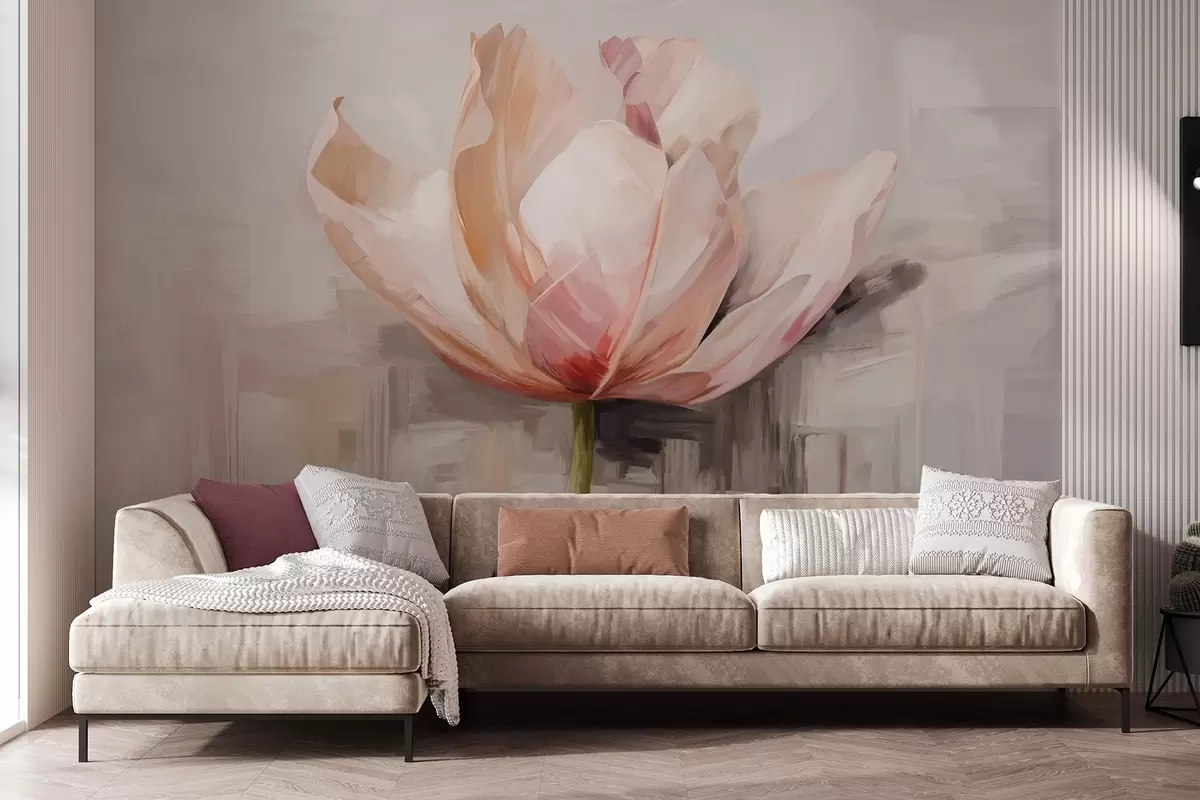 murais de parede Tulipa rosa, imitação de pintura a óleo com pinceladas suaves, fundo abstrato com tons pastéis de cinza e bege w09187