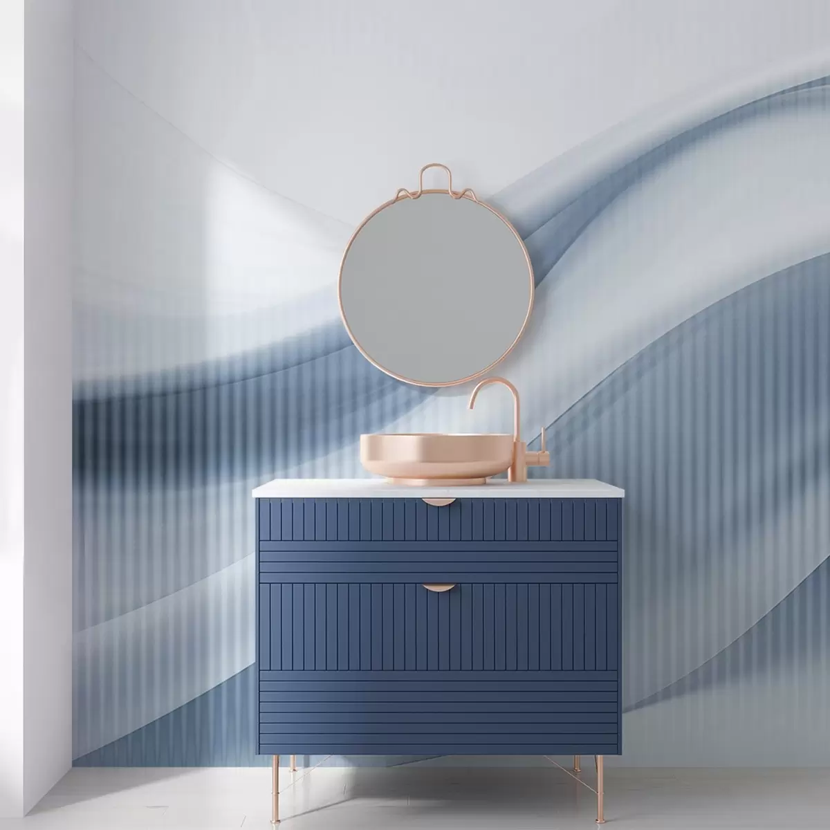 murais de parede Estampa abstrata com linhas fluidas e listras verticais sutis, criando uma sensação de movimento e profundidade, paleta azul w09189v1