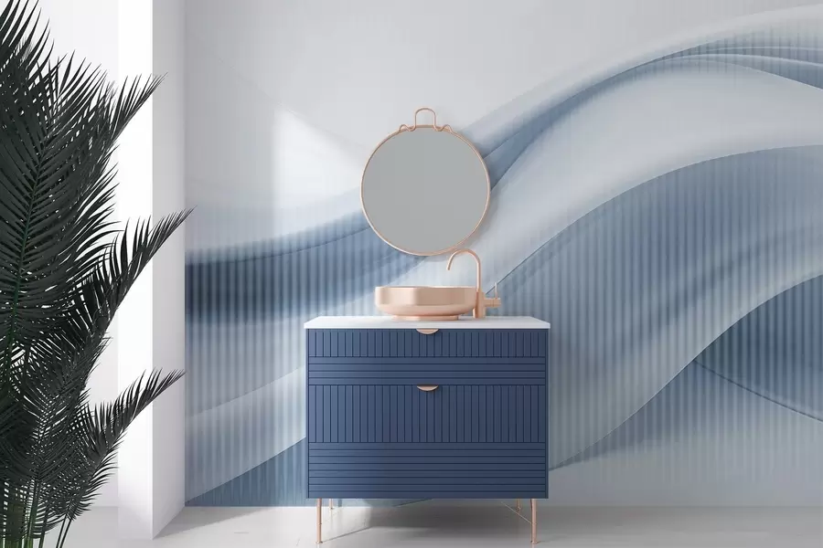 murais de parede Estampa abstrata com linhas fluidas e listras verticais sutis, criando uma sensação de movimento e profundidade, paleta azul w09189v1
