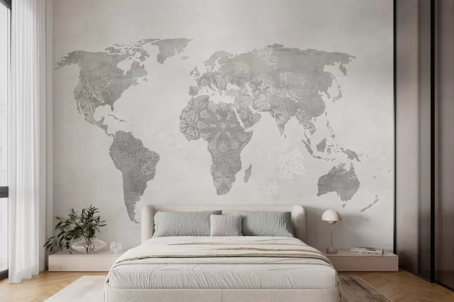 murais de parede Mapa-múndi com padrão, tons monocromáticos w03954v1