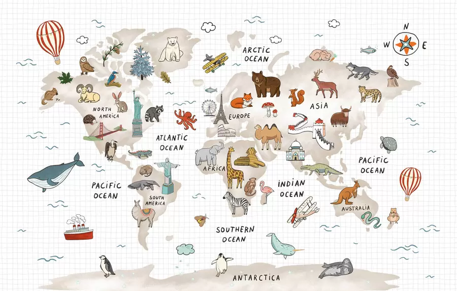 murais de parede Mapa do mundo com animais e pontos de referência w04011