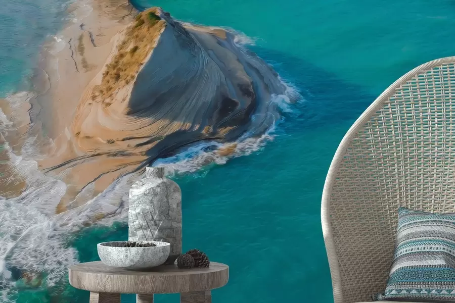 murais de parede Ilha da Grécia, textura em estilo óleo, costa marítima, água azul-marinho, realismo w04094