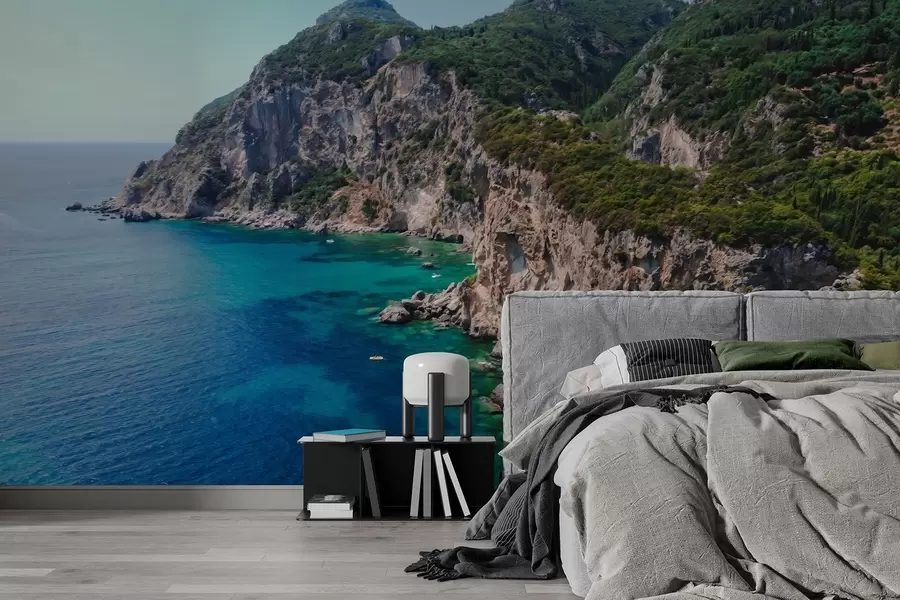 murais de parede Montanhas rochosas perto do mar, desenho a óleo, água azul-marinho w04096