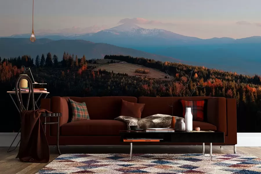 murais de parede Montanhas dos Cárpatos, textura em estilo óleo, floresta de outono, céu ao pôr do sol w04098