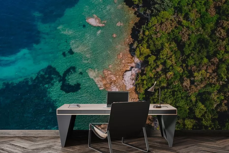 murais de parede Costa marítima da Espanha com águas marinhas, floresta de pinheiros, fotografia aérea w04099