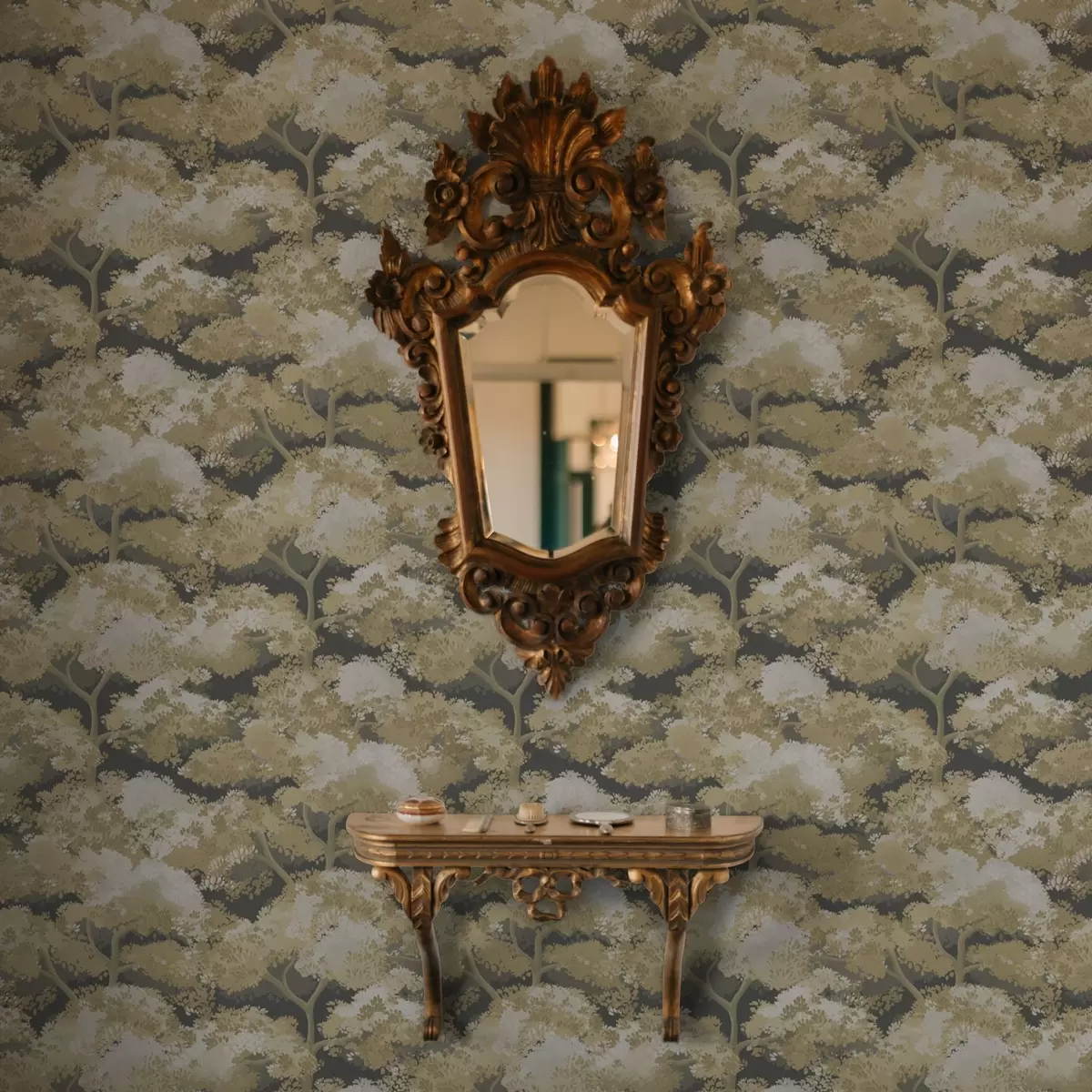 Papel de parede Padrão de floresta escura com árvores em cores quentes a00170