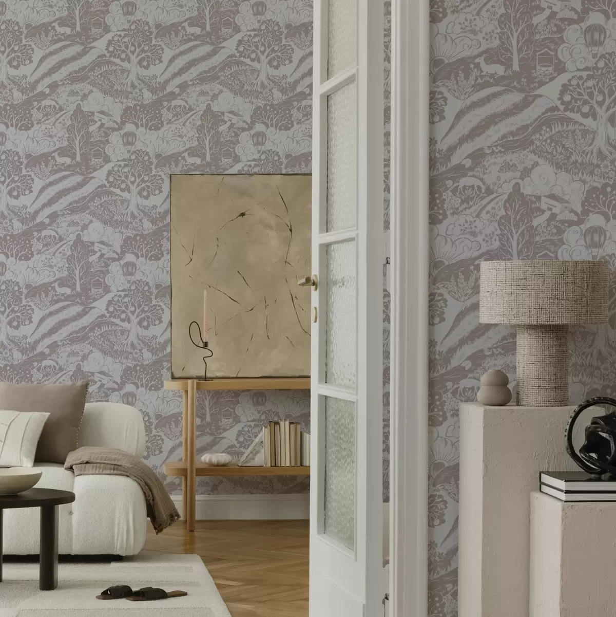 Papel de parede Ilustração de conto de fadas em tons pastéis com animais e árvores a00172v1