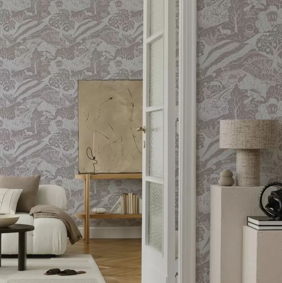 murais de parede Ilustração de conto de fadas em tons pastéis com animais e árvores a00172v1