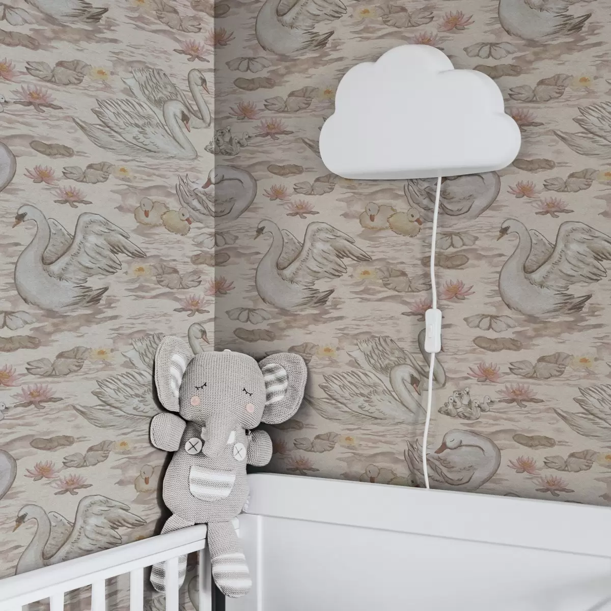 Papel de parede Cisnes com filhotes em um fundo rosa com nenúfares a00176