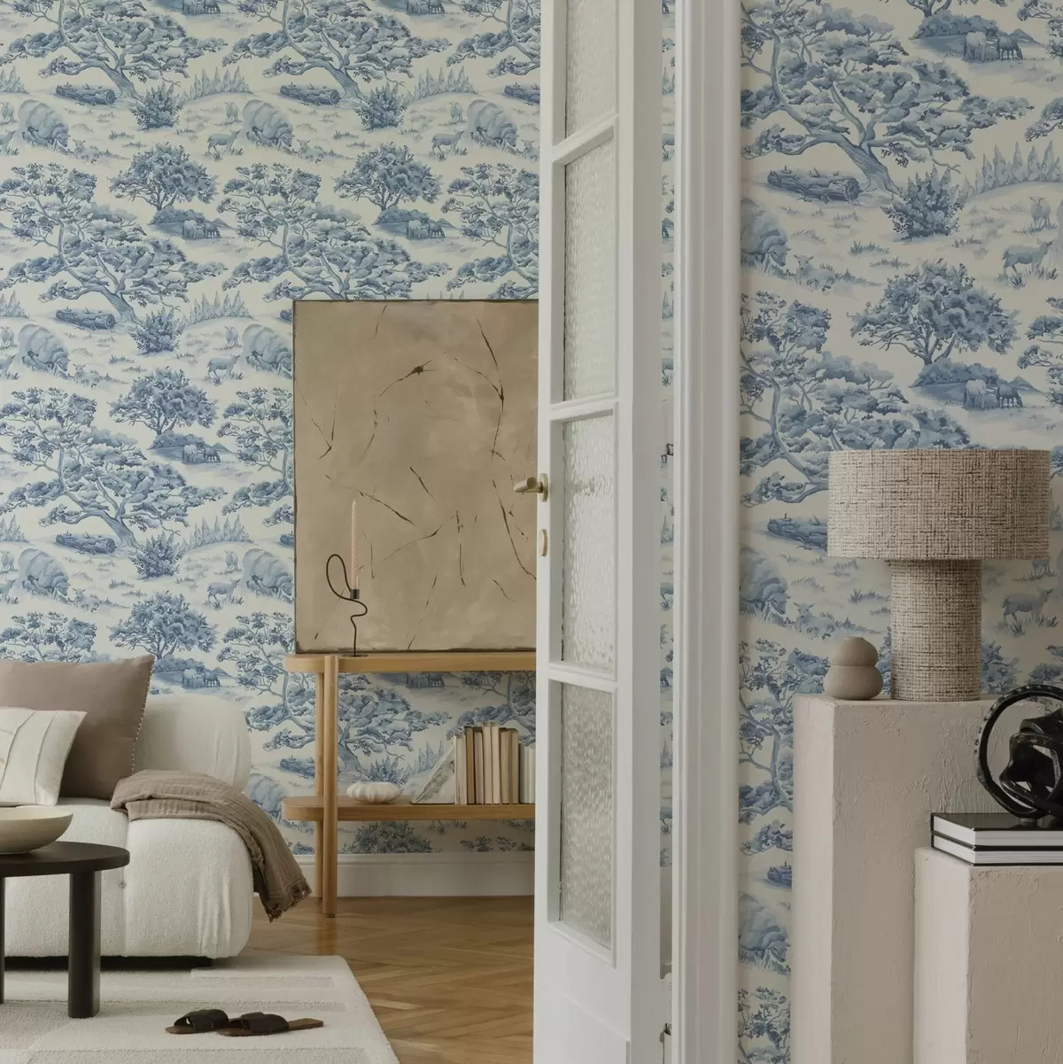 Papel de parede Paisagem rural em tons de azul com ovelhas e árvores a00178