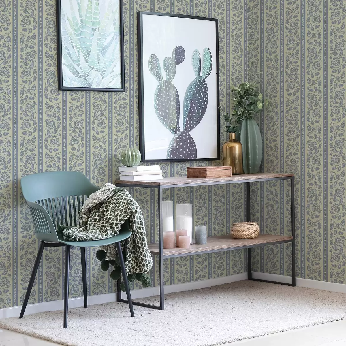 Papel de parede Ornamento floral listrado com bolotas em tons de azul e bege a00181