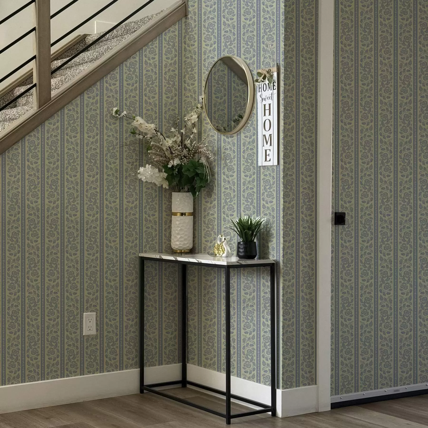 murais de parede Ornamento floral listrado com bolotas em tons de azul e bege a00181