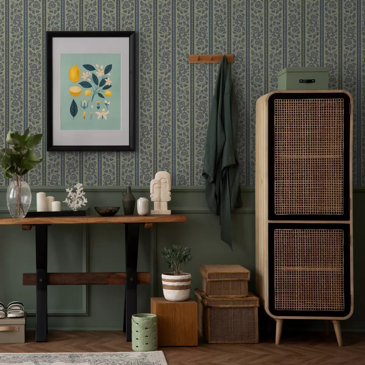 Papel de parede Ornamento vintage azul com flores e bolotas a00181v1