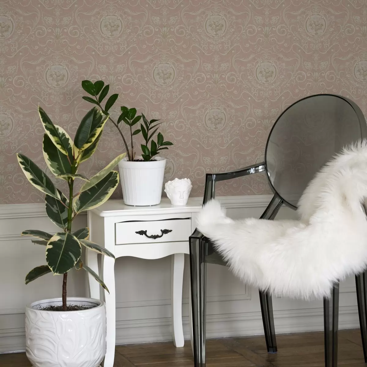 Papel de parede Padrão clássico rosa com medalhões e flores a00185