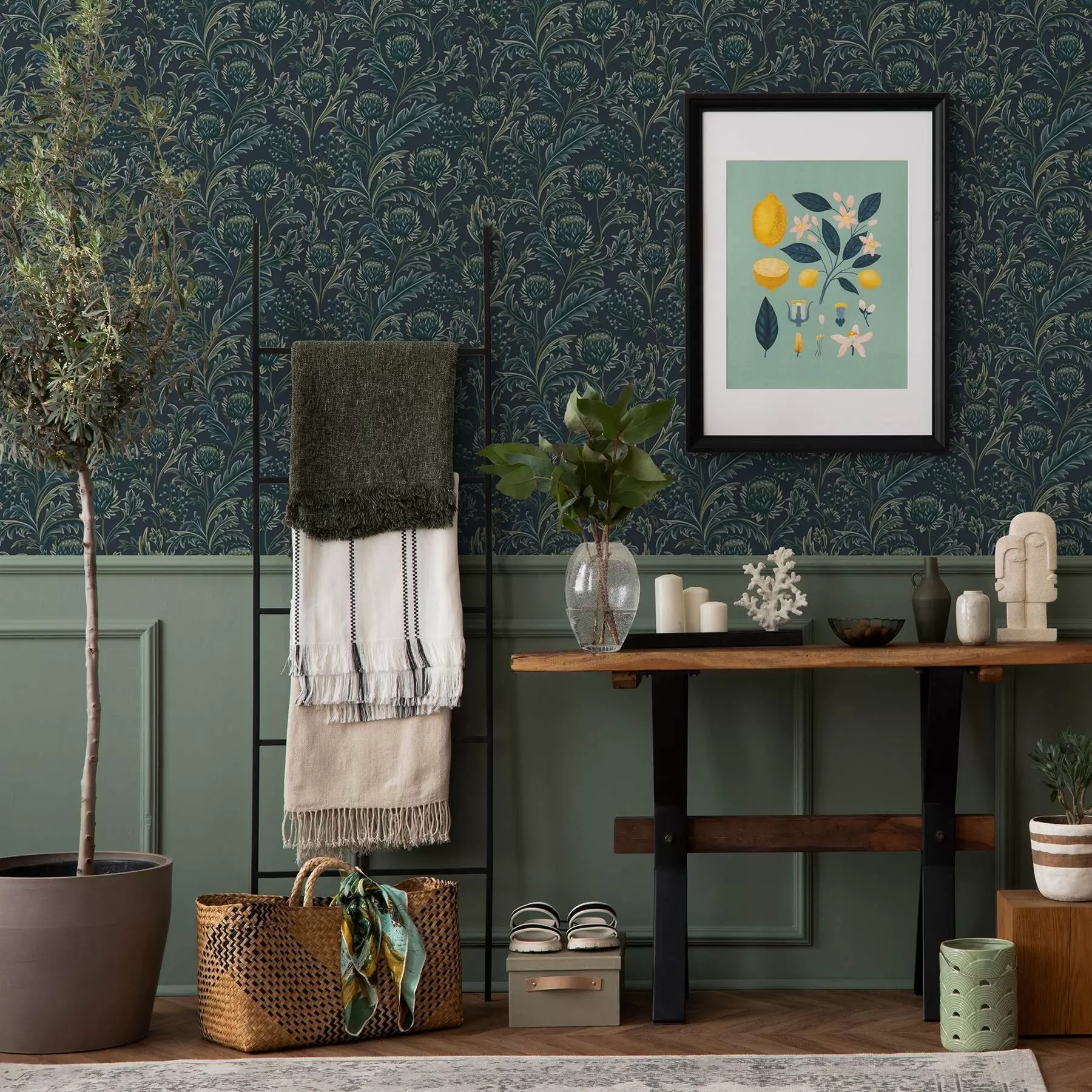 murais de parede Padrão floral verde-escuro com alcachofras a00186