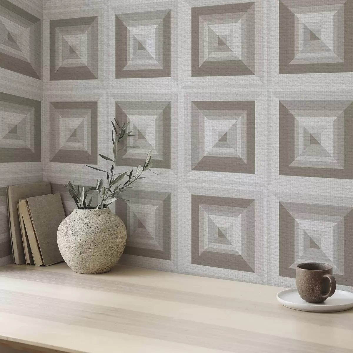 Papel de parede Padrão geométrico tridimensional em cinza e bege a00187