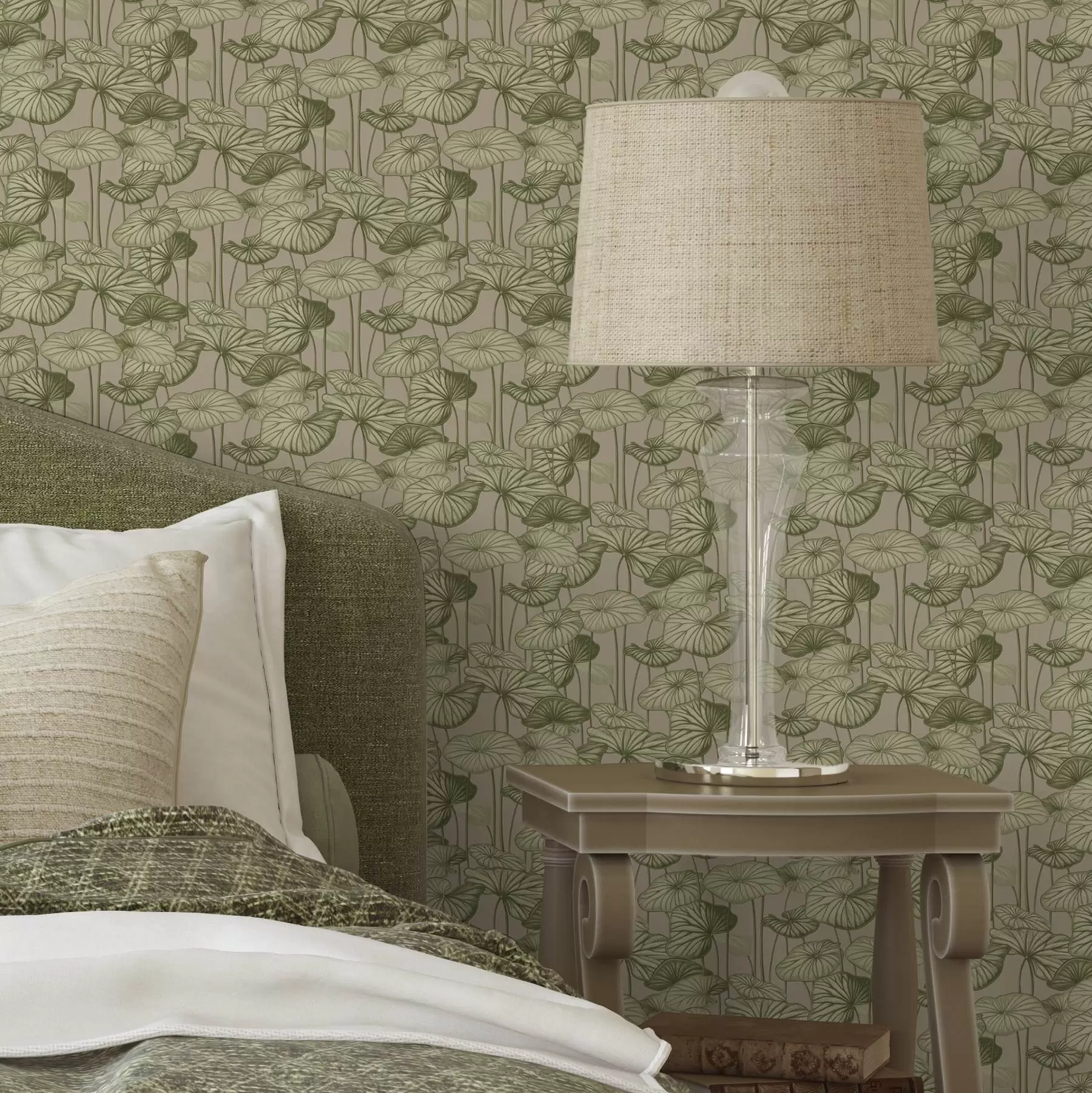 murais de parede Gráfico de folhas de lótus em estilo retrô em um fundo bege a00188