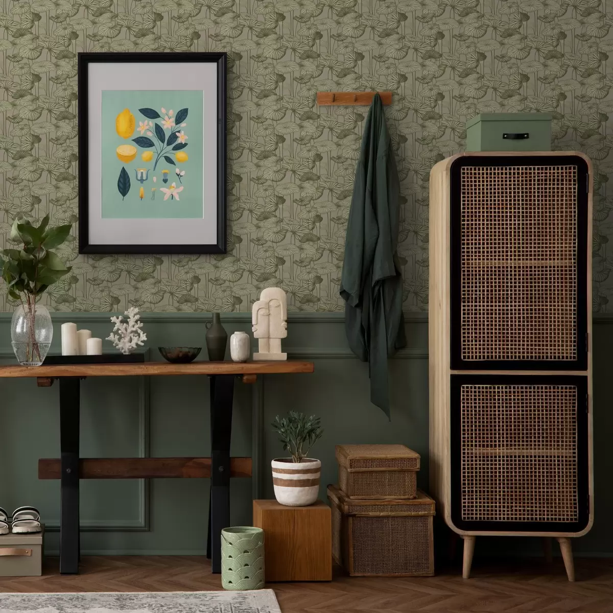 Papel de parede Gráfico de folhas de lótus em estilo retrô em um fundo bege a00188