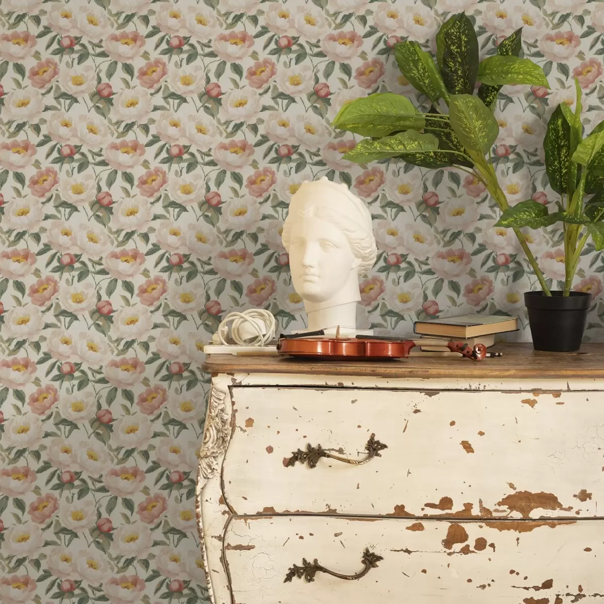 Papel de parede Peônias em aquarela com cores claras em estilo retrô a00193