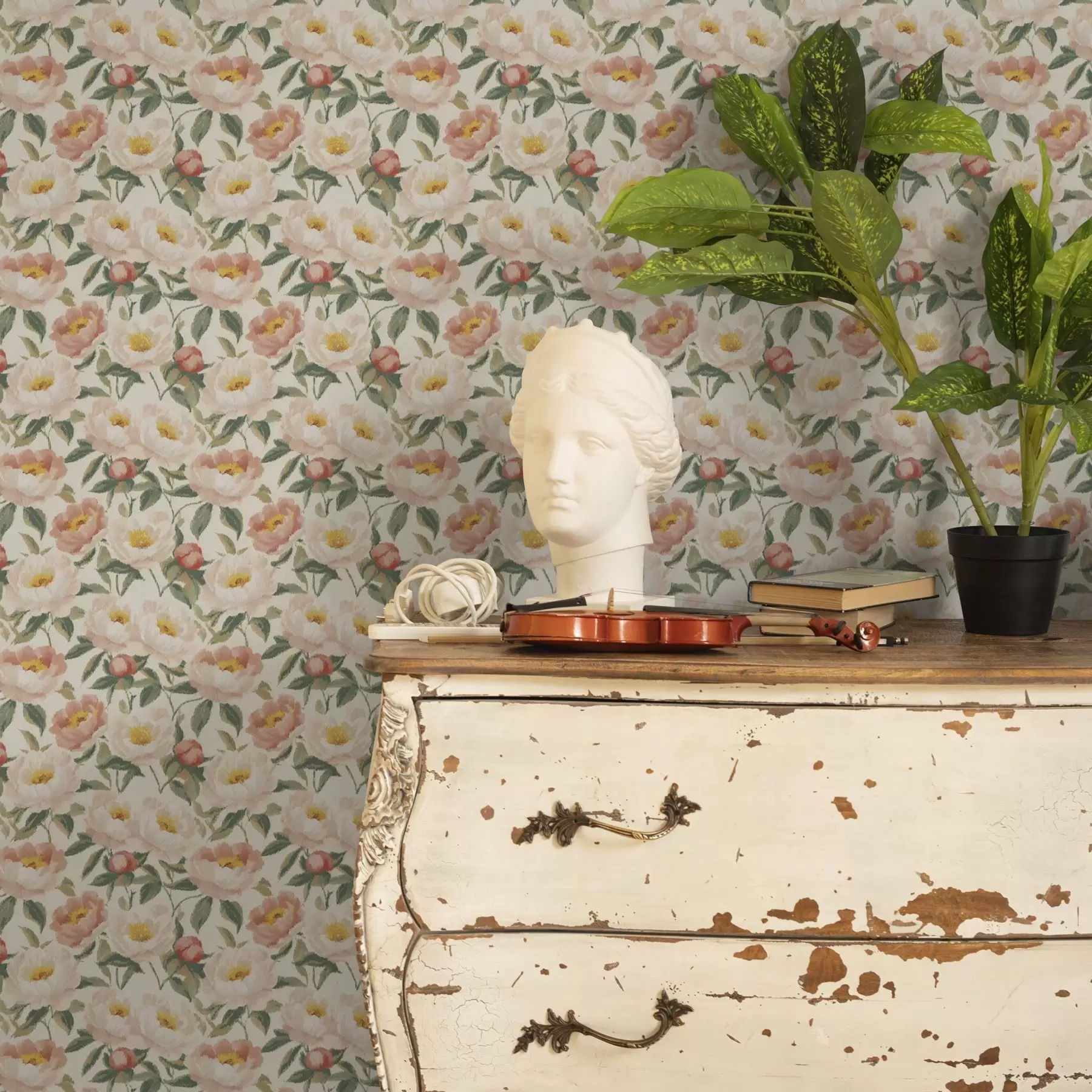 murais de parede Peônias em aquarela com cores claras em estilo retrô a00193