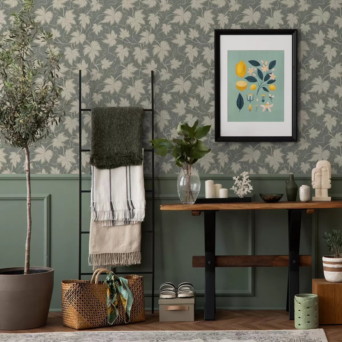 Papel de parede Folha de uva branca em um fundo verde a00194