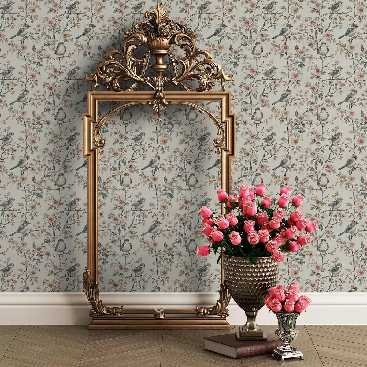 Papel de parede Pássaros em galhos com flores em estilo aquarela retrô a00197