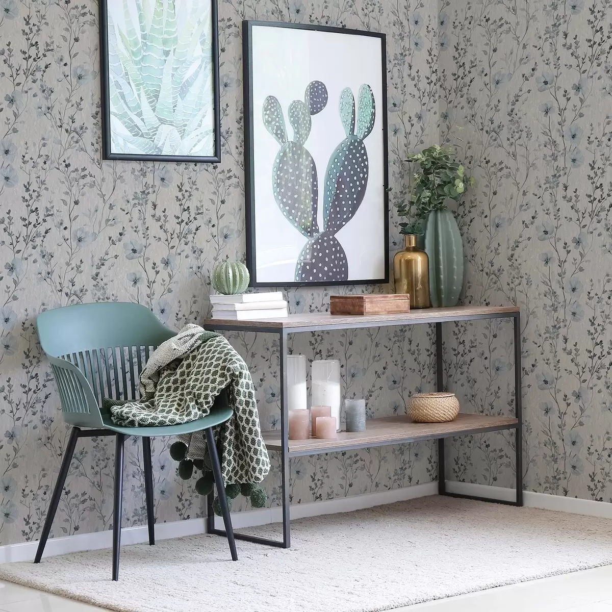 Papel de parede Florística em aquarela azul e cinza sobre fundo neutro a00198