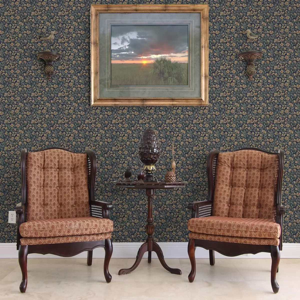 Papel de parede Flores laranja em um fundo azul escuro em estilo vintage a00200