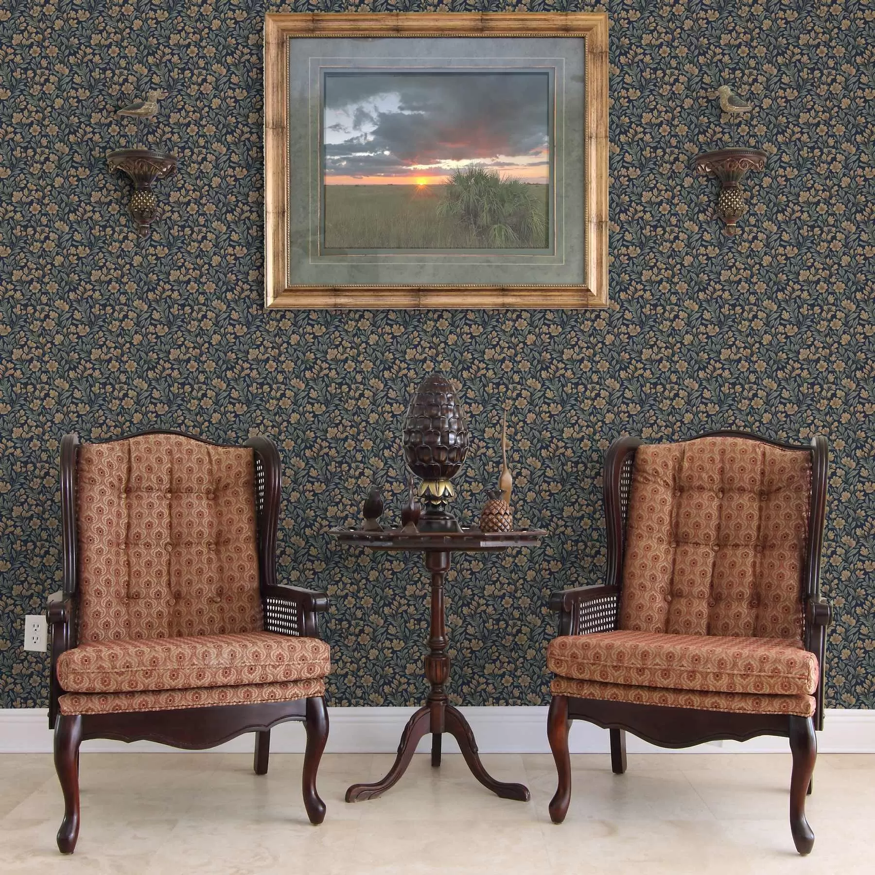 murais de parede Flores laranja em um fundo azul escuro em estilo vintage a00200