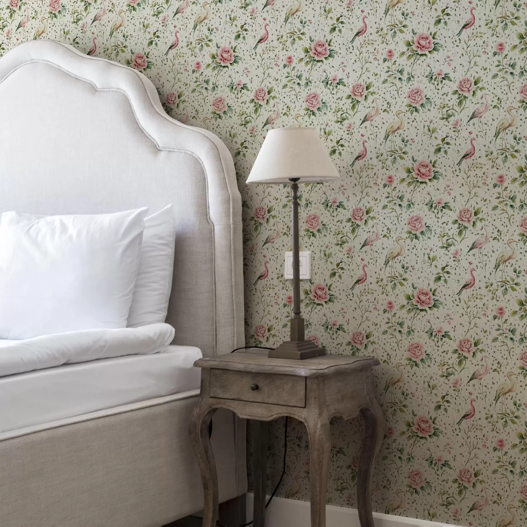 murais de parede Rosas rosa pastel e pássaros em estilo shabby chic a00201