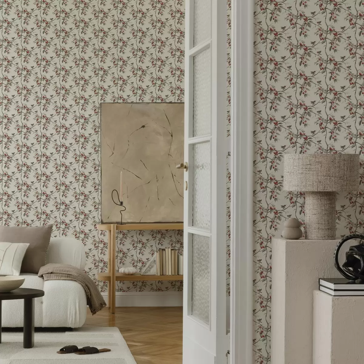 Papel de parede Pássaros entre ramos de cerejeira com bagas vermelhas a00206