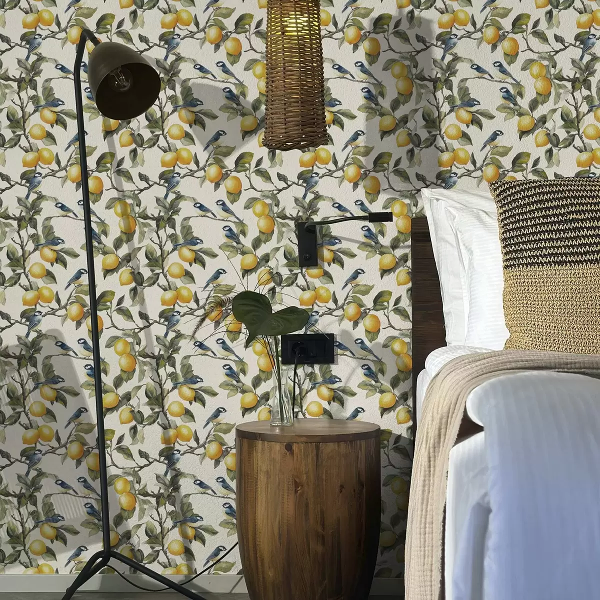 Papel de parede Pássaros e limões nos galhos, desenho botânico em aquarela a00207