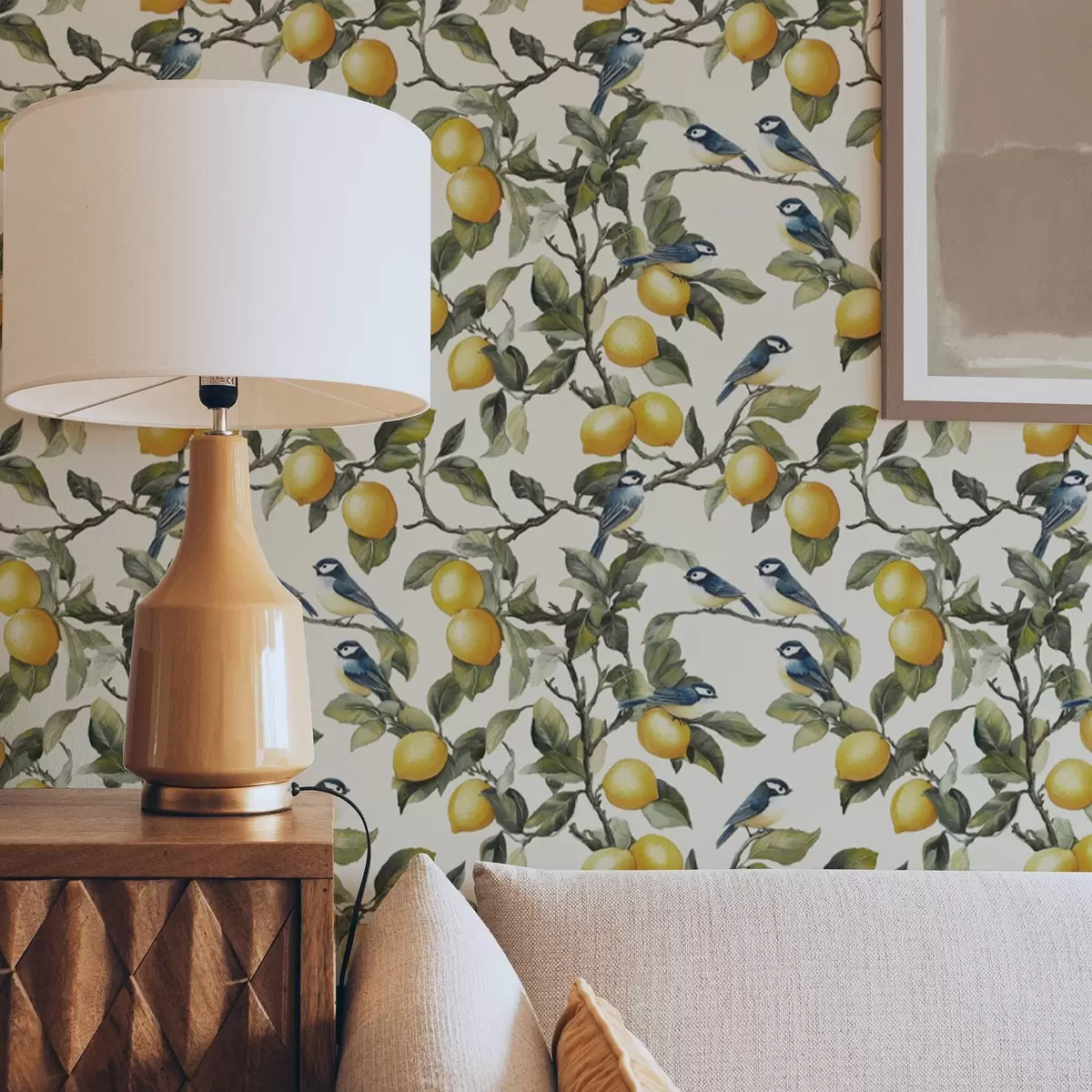 Papel de parede Pássaros e limões nos galhos, desenho botânico em aquarela a00207