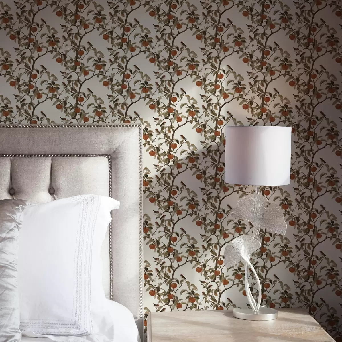 Papel de parede Pássaros e laranjas em galhos, botânica vintage a00208