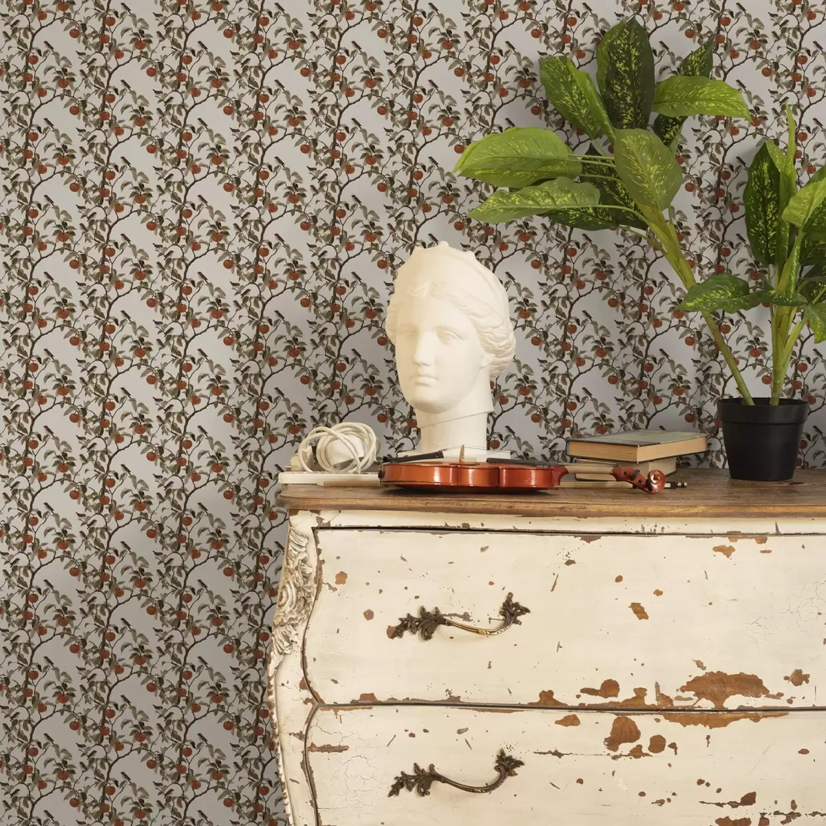 Papel de parede Pássaros e laranjas em galhos, botânica vintage a00208