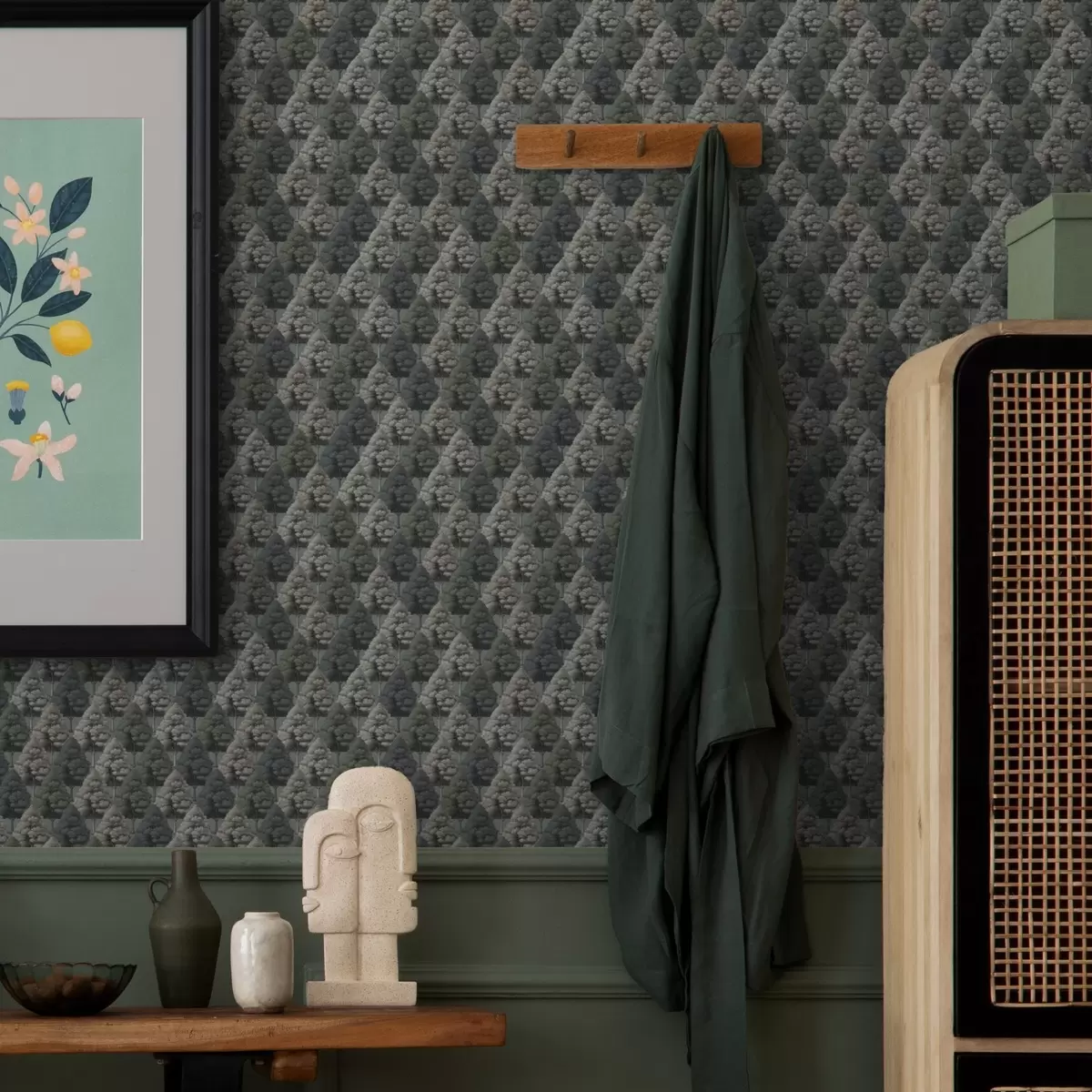 Papel de parede Padrão geométrico de floresta com árvores em cores verdes a00209