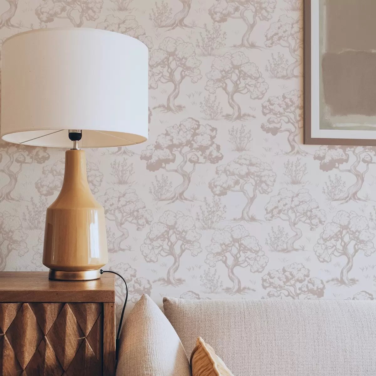 Papel de parede Silhuetas monocromáticas de árvores em estilo vintage, esquema de cores bege a00210