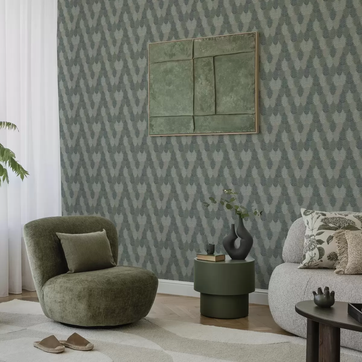 Papel de parede Folhas de samambaia, padrão geométrico, cores verde e azul a00211