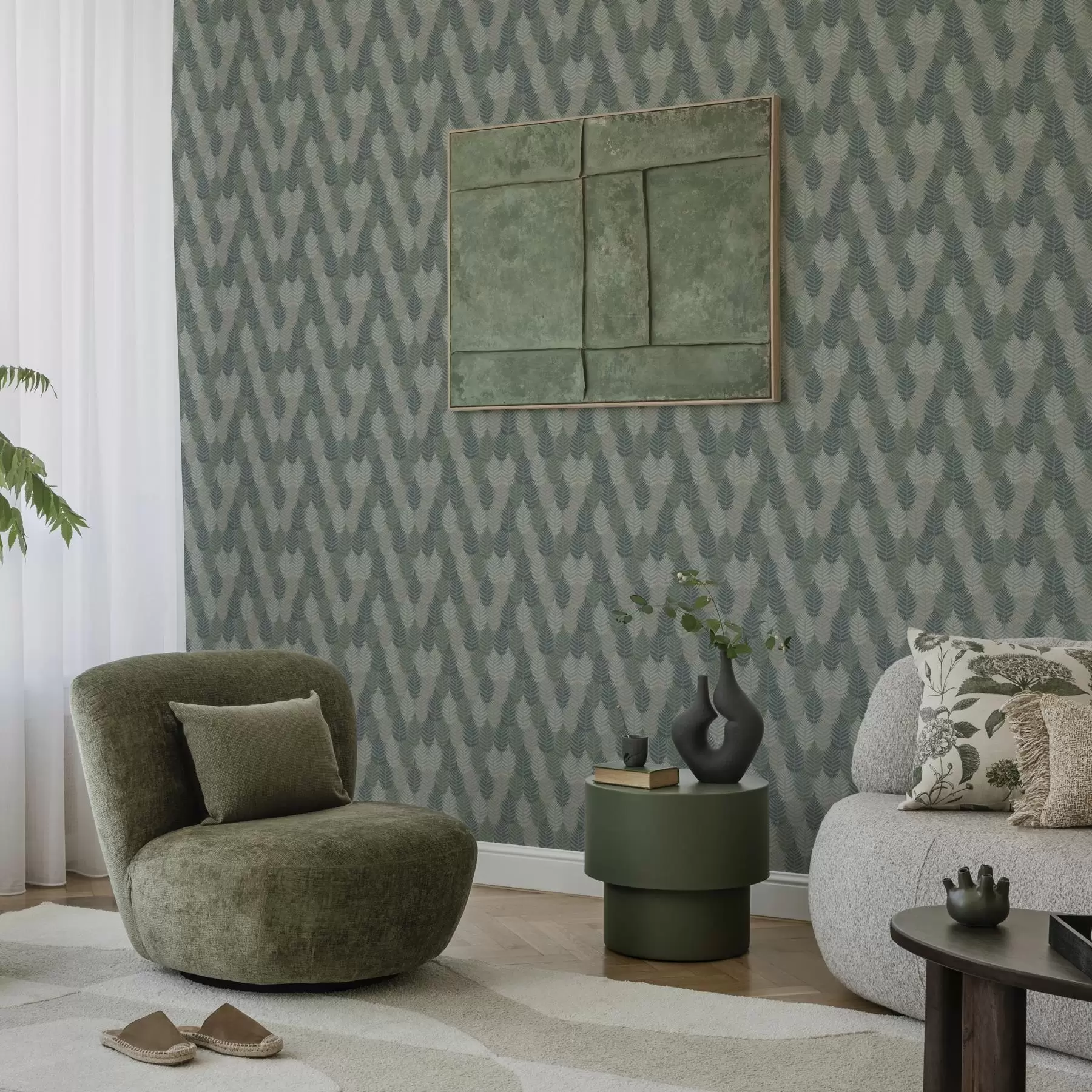 murais de parede Folhas de samambaia, padrão geométrico, cores verde e azul a00211