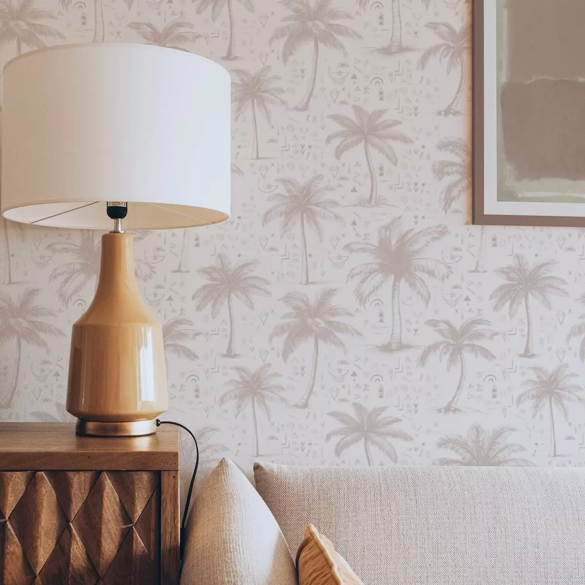 Papel de parede Palmeiras com símbolos étnicos, em tom rosa pastel a00213