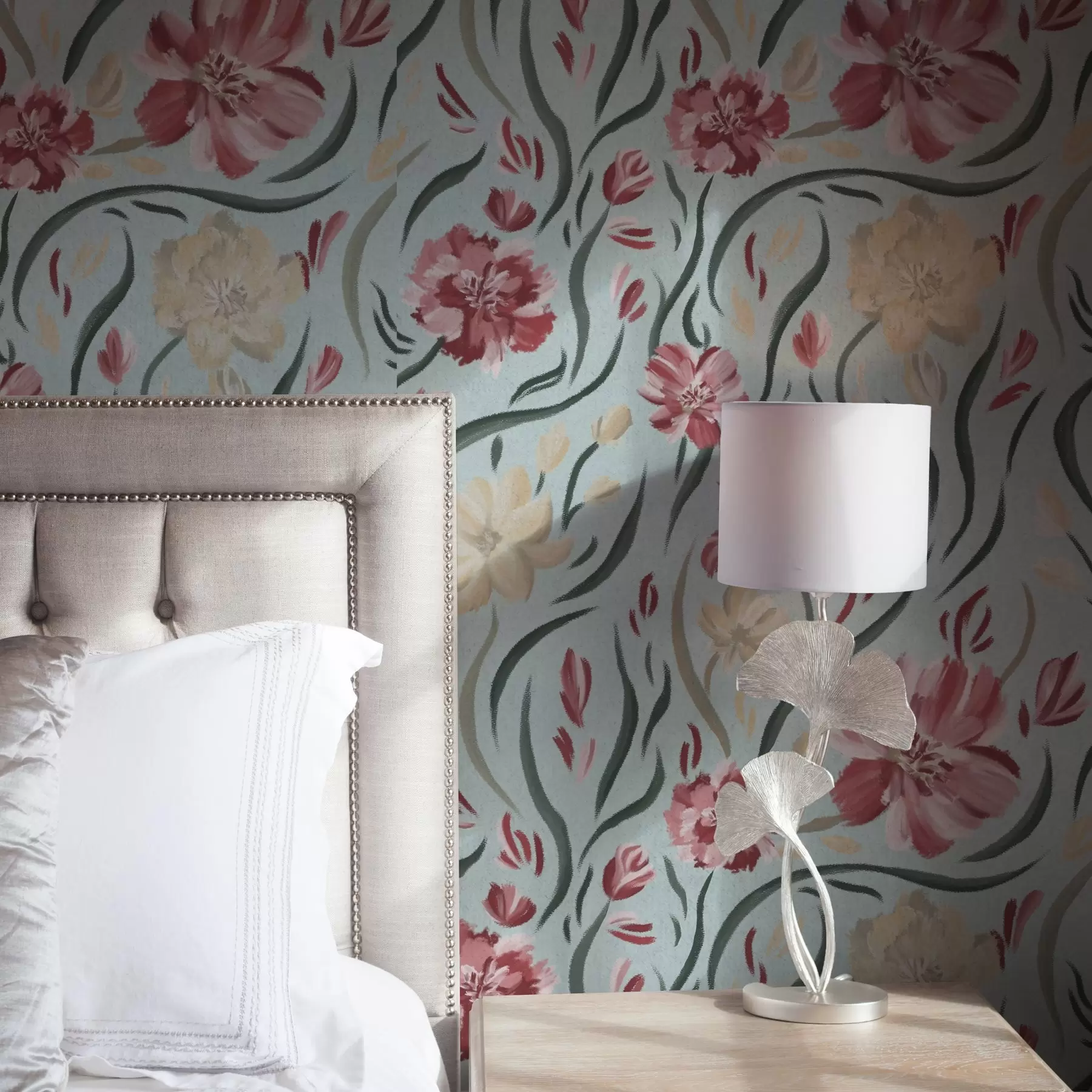 murais de parede Flores em aquarela em um fundo azul, padrão vermelho e bege a00216