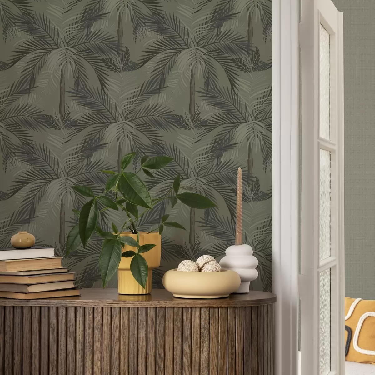 Papel de parede Folhas de palmeira em fundo de oliveira, selva, trópicos a00217