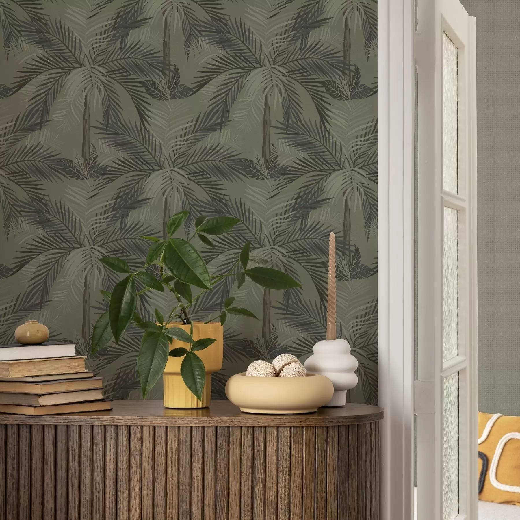 murais de parede Folhas de palmeira em fundo de oliveira, selva, trópicos a00217